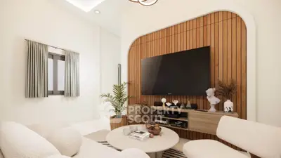 Modern living room with stylish wood paneling and large TV