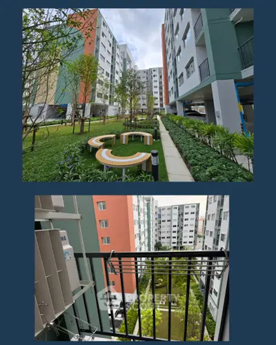 Modern apartment complex with lush garden and balcony view