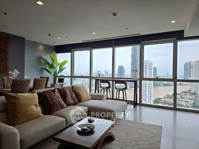 Luxurious living room with stunning city view and modern decor