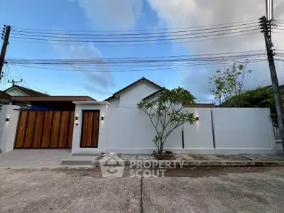 Modern minimalist house exterior with sleek white walls and wooden gate
