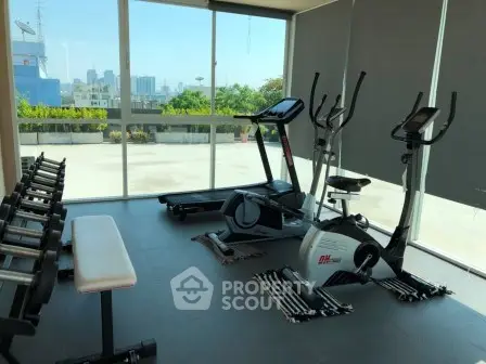 Modern gym with city view, featuring exercise bikes and weights, ideal for fitness enthusiasts.