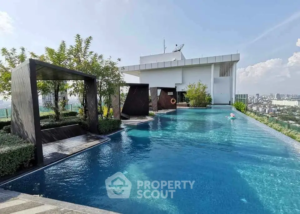 Luxurious rooftop infinity pool with city skyline view and modern cabanas.