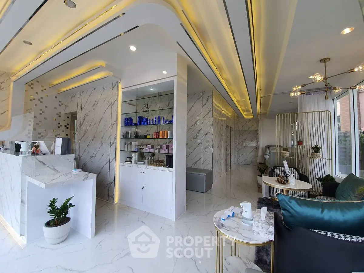 Luxurious modern living room with marble accents and elegant lighting