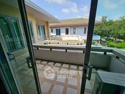 Spacious balcony with scenic view in modern residential building