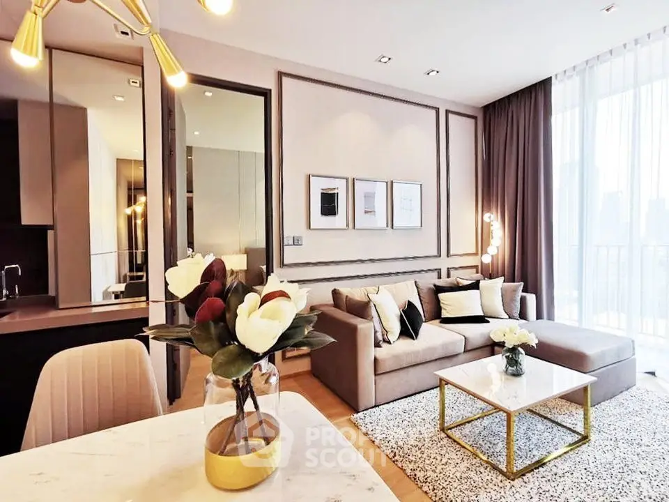 Luxurious modern living room with elegant decor and large windows