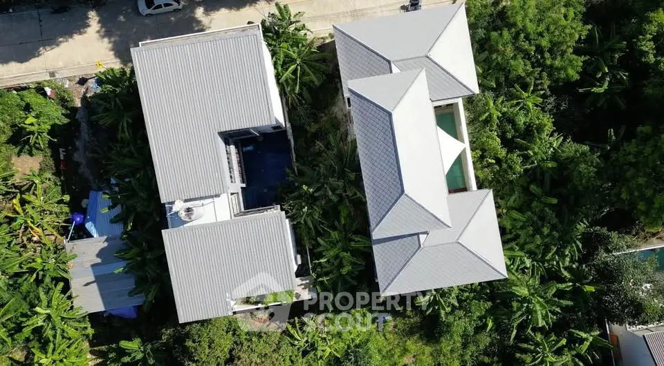 Aerial view of modern residential property with lush greenery and sleek roof design.