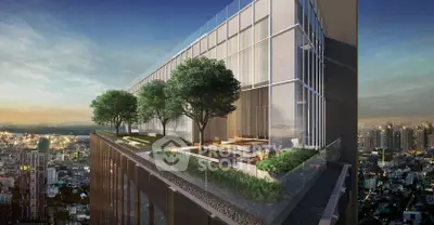 Stunning rooftop garden with panoramic city views on a modern high-rise building.