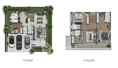 Modern two-story house floor plan with spacious layout and parking area.