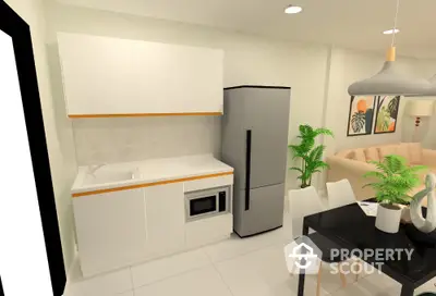 Modern kitchen with sleek design, featuring white cabinets, a microwave, and a stylish fridge.