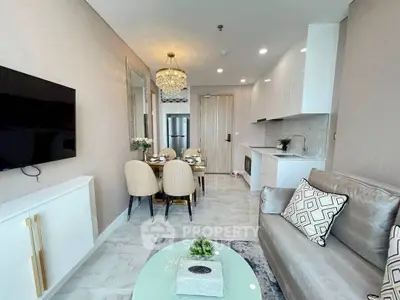 Luxurious modern living room with elegant dining area and sleek kitchen design.