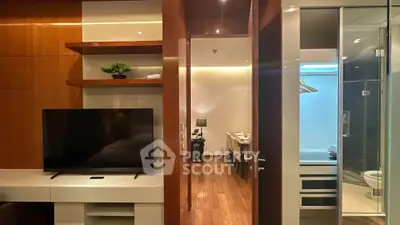 Modern apartment interior with sleek wooden finishes and a cozy ambiance.