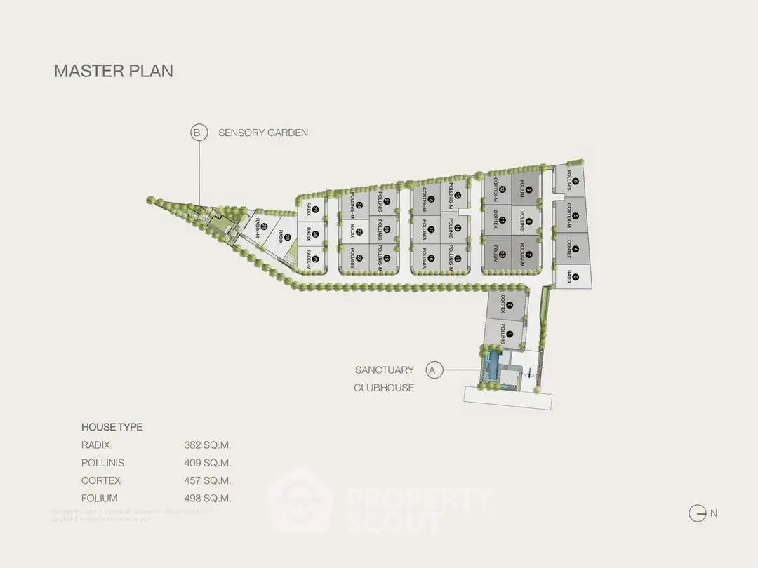 Master plan layout of residential development with sensory garden and clubhouse.