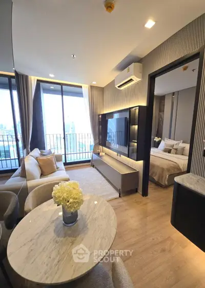 Modern living room with open layout and city view balcony