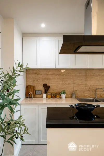 Modern kitchen with sleek black countertop and stylish cabinetry