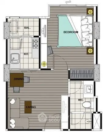 Compact apartment floor plan with bedroom, kitchen, living, dining, and balcony areas.