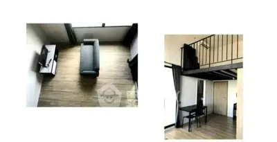 Modern loft apartment with mezzanine and sleek wooden flooring.