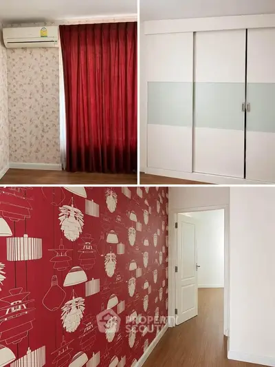 Stylish interior with vibrant red wallpaper and modern sliding closet doors.