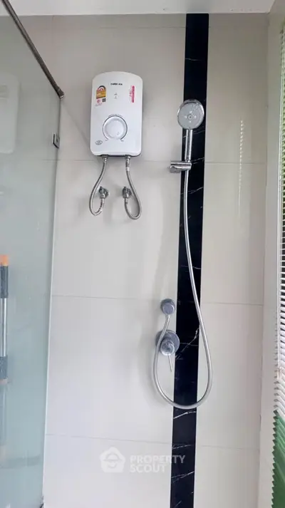 Modern bathroom shower with sleek design and water heater