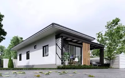 Modern single-story house with sleek design and lush greenery, perfect for contemporary living.