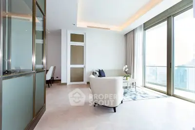 Luxurious modern living room with floor-to-ceiling windows and stunning city view.