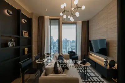 Luxurious modern living room with city skyline view and elegant decor