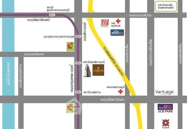 Map showing real estate locations and nearby amenities in a city area.