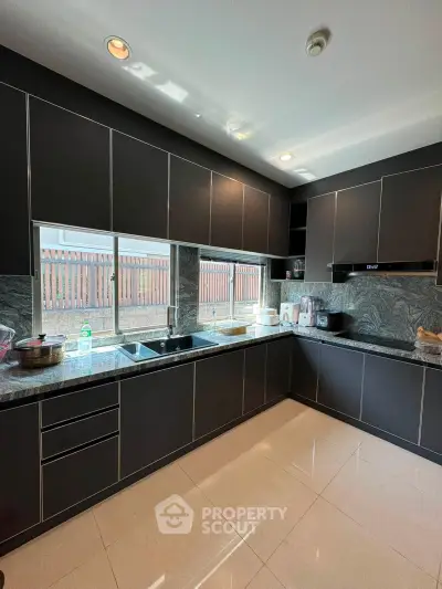Modern kitchen with sleek dark cabinets and large windows offering natural light.