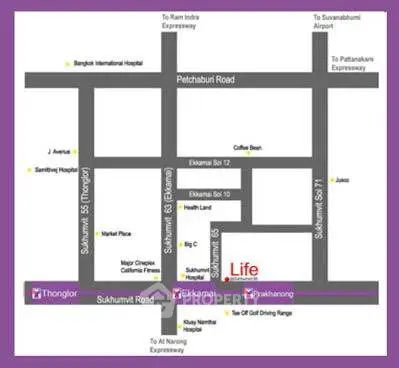 Map showing real estate location near major roads and landmarks in Bangkok.
