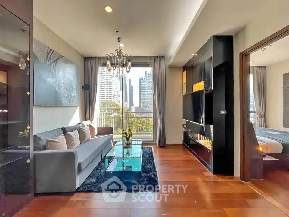 Luxurious modern living room with city view, elegant decor, and spacious layout in high-rise apartment.