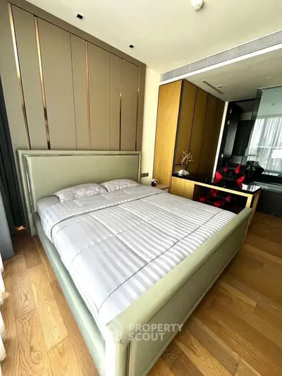 Luxurious modern bedroom with elegant design and wooden flooring