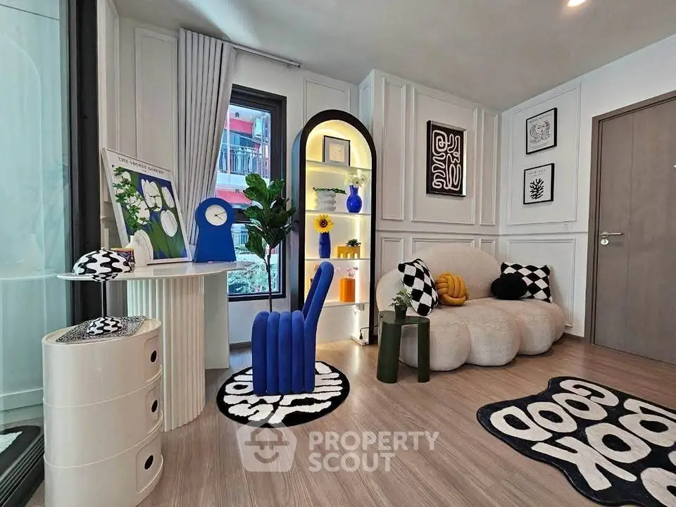Stylish modern living room with unique furniture and vibrant decor accents