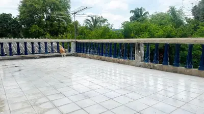 Spacious tiled balcony with lush green views, perfect for outdoor relaxation and entertainment.