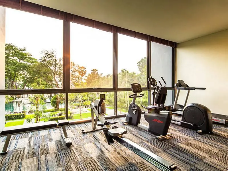 Modern gym with large windows and exercise equipment overlooking a scenic view.