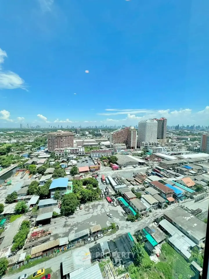 Stunning cityscape view from high-rise building showcasing urban landscape and skyline under clear blue sky.