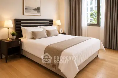 Elegant bedroom with cozy decor and natural light, featuring a stylish bed and wooden flooring.