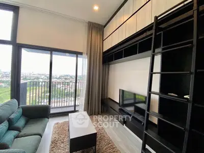 Modern living room with loft design and balcony view in high-rise apartment