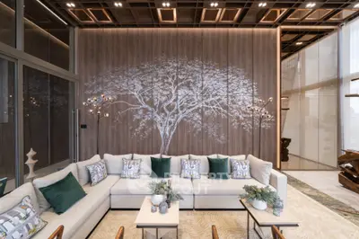 Luxurious living room with elegant decor and large sectional sofa in modern apartment