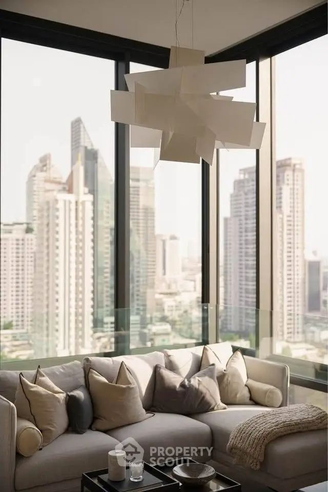 Luxurious corner unit living room with panoramic city views and modern decor.