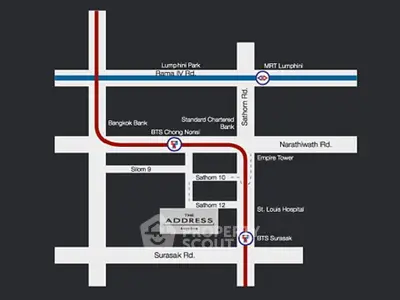 Stylized map highlighting key real estate locations and transit routes in a city.