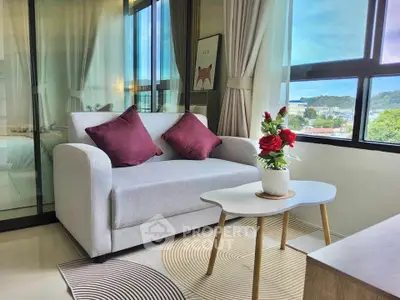 Chic living room with modern sofa and scenic window view in stylish apartment.