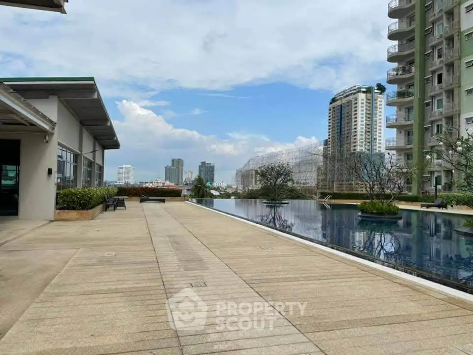 Luxurious rooftop pool with stunning city views in modern high-rise building.