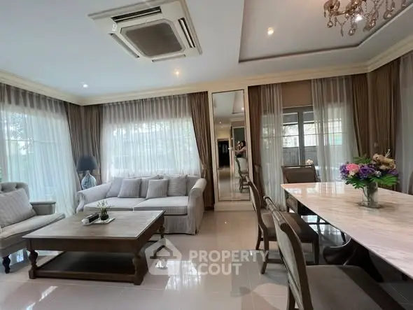 Elegant living room with modern furniture and large windows for natural light