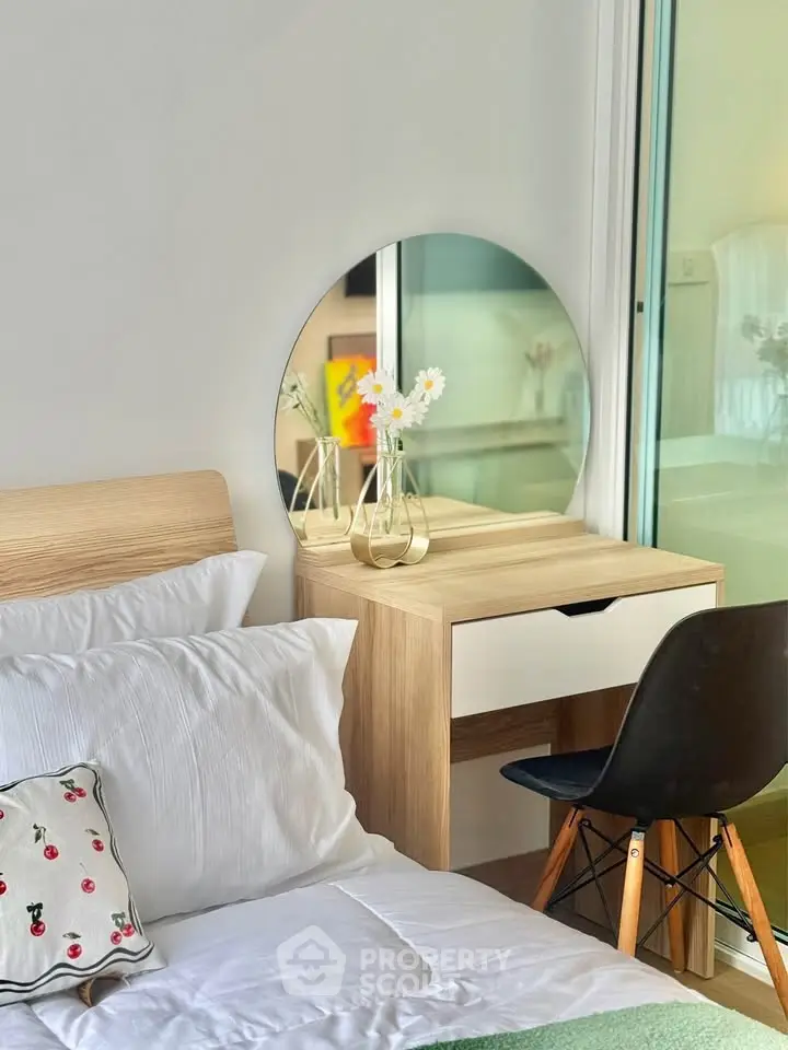 Cozy bedroom with modern wooden furniture and stylish decor