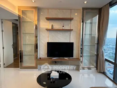 Luxurious living room with panoramic city view and modern decor