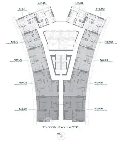 Architectural floor plan of a modern high-rise building with detailed unit layout.