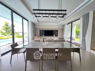 Luxurious modern living room with pool view and elegant dining area