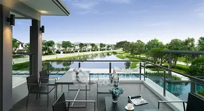 Luxurious balcony with stunning lake view, modern outdoor furniture, and serene surroundings.