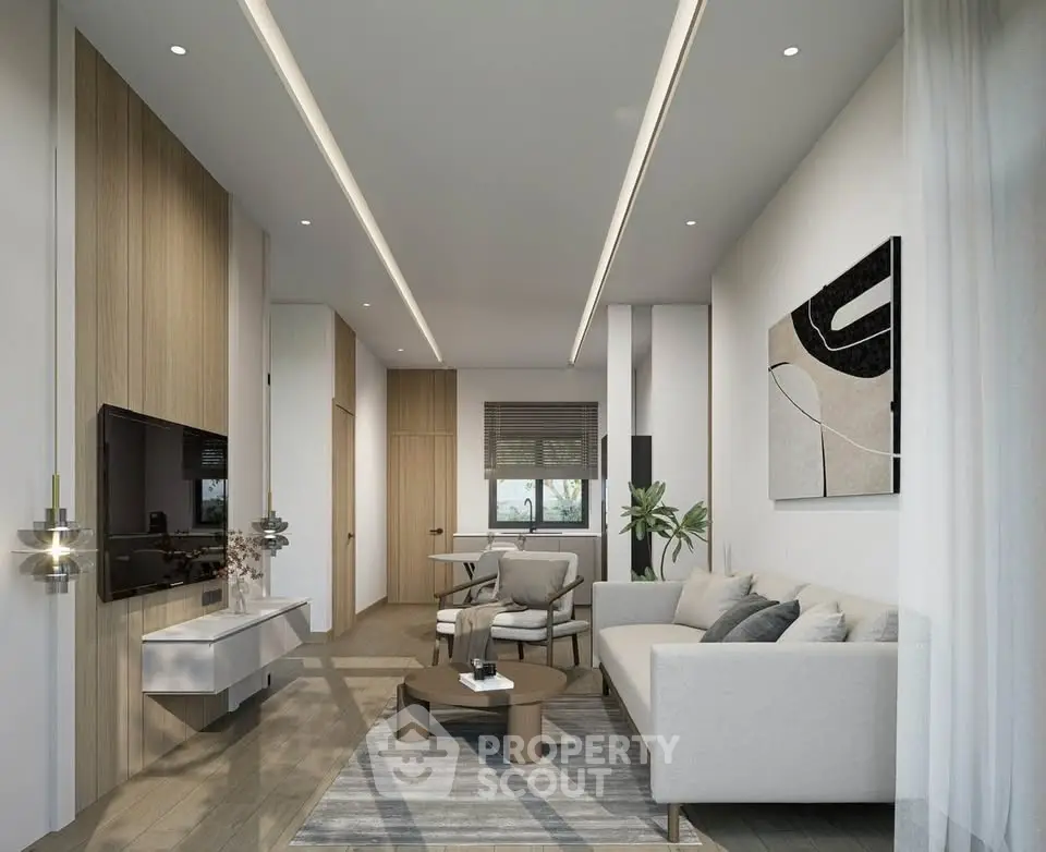 Modern living room with sleek design, featuring a cozy sofa, stylish decor, and ambient lighting.