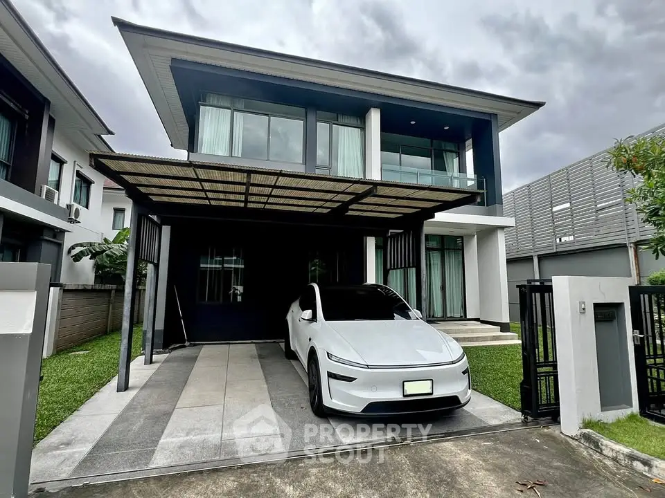 Modern two-story house with sleek car parked in driveway, showcasing contemporary architecture and spacious design.