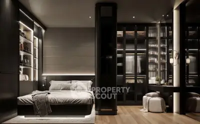 Luxurious modern bedroom with elegant lighting and spacious walk-in closet.